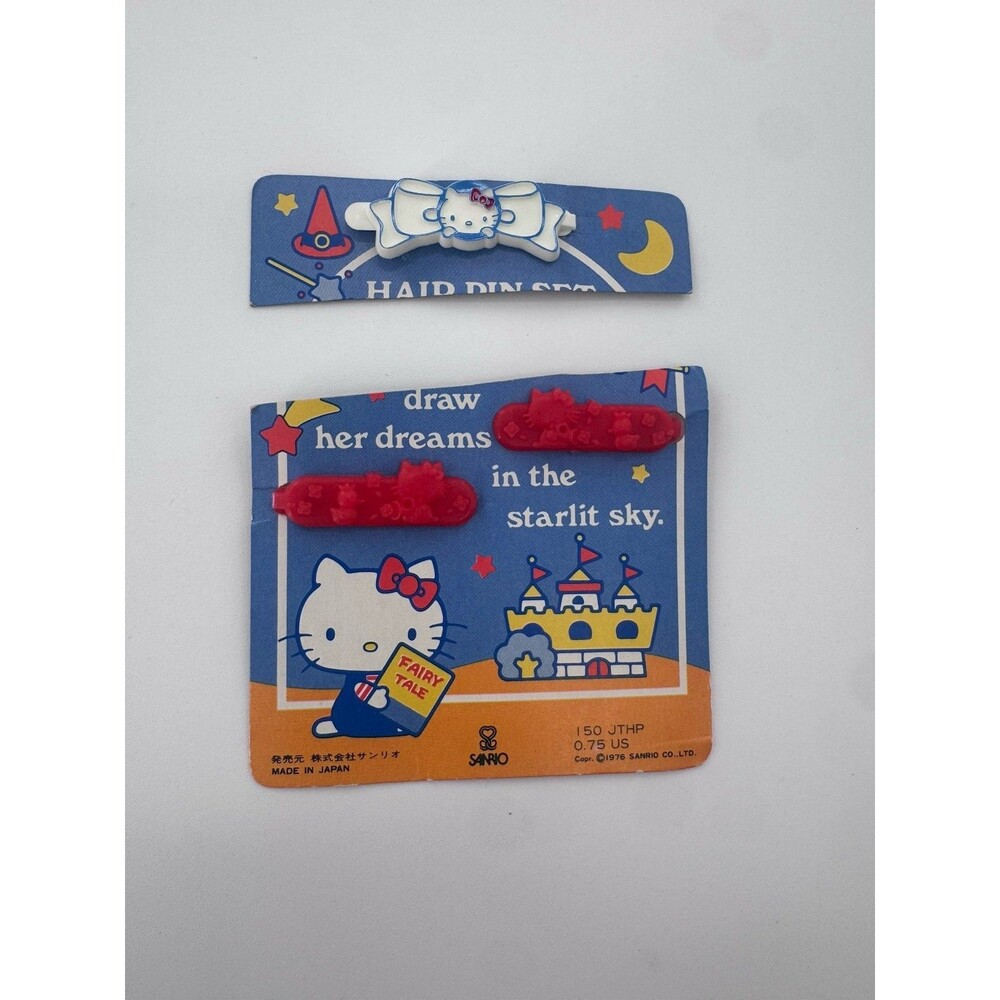 VINTAGE SANRIO HELLO KITTY HAIR PIN SET PLASTIC BARRETTES 1976 NEW ON CARD JAPAN